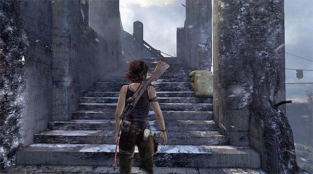 Go through the newly unlocked entrance to the western building and locate the stairs to the first floor - Climb the Radio Tower to Send an SOS | 8: Cry for Help Walkthrough - 8: Cry for Help | Walkthrough - Tomb Raider Game Guide
