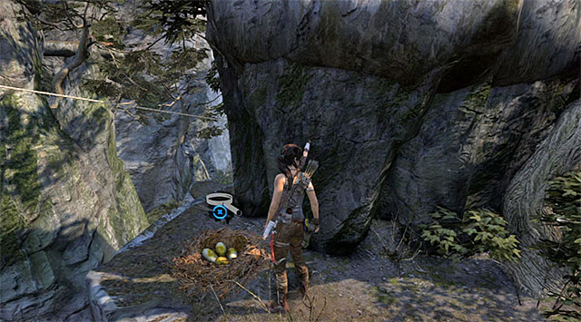 Examine the lower parts of the ledge to find the Egg (reward: 150 XP) - Egg Poacher | Collectibles: Mountain Village - Collectibles: Mountain Village - Tomb Raider Game Guide