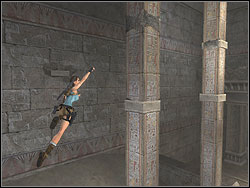 Jump to the lower edge, go to the right behind the curve and leap to the another column and then on the last column in this line - Temple of Khamoon 2 | Artefacts and Relics - Artefacts and Relics - Tomb Raider: Anniversary Game Guide & Walkthrough