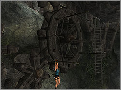 Above you are huge wooden circles with salient crossbars - The Lost Valley 1 | Walkthrough - Peru - Tomb Raider: Anniversary Game Guide & Walkthrough