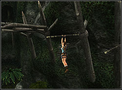 Hanging the crossbar jump to the next and leap to the wooden platform - The Lost Valley 4 | Walkthrough - Peru - Tomb Raider: Anniversary Game Guide & Walkthrough