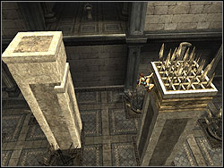 Jump to the next platform, then leap to the centre of the chamber on the column with thorns - Palace Midas 1 | Walkthrough - Greece - Tomb Raider: Anniversary Game Guide & Walkthrough