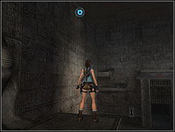 Find the band in the wall above you, jump, throw the line to grab the band and run through the wall to the ledge on the opposite wall - Temple of Khamoon 2 | Walkthrough - Egypt - Tomb Raider: Anniversary Game Guide & Walkthrough