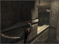 Close to the gold ear, slide down from the ear to the ledge under it, then jump to the ledge on the right - Obelisk of Khamoon 3 | Walkthrough - Egypt - Tomb Raider: Anniversary Game Guide & Walkthrough