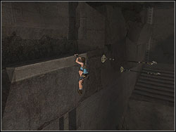 Jump to the right on the ledge, then jump to the bar, leap to the next bar on the right and on the stairs - Sanctuary of the Scion 1 | Walkthrough - Egypt - Tomb Raider: Anniversary Game Guide & Walkthrough