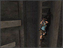 Jump to grab the ledge on the left, move down on the lower ledge and jump to the plate on the left side - Sanctuary of the Scion 2 | Walkthrough - Egypt - Tomb Raider: Anniversary Game Guide & Walkthrough