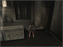 Run downstairs, switch the lever - the column from the ceiling will move down - Sanctuary of the Scion 4 | Walkthrough - Egypt - Tomb Raider: Anniversary Game Guide & Walkthrough