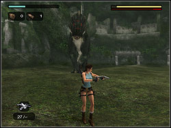 T-Rex will run forward and hit itself on the rocks - Bosses 1 | Walkthrough - Lost Islands - Tomb Raider: Anniversary Game Guide & Walkthrough