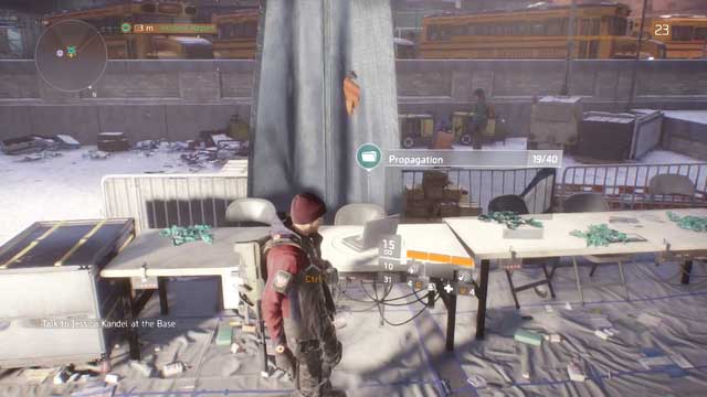 Go near the white tents - this is where you find a laptop - Clinton (M5) | Intel data - Intel data - Tom Clancys The Division Game Guide