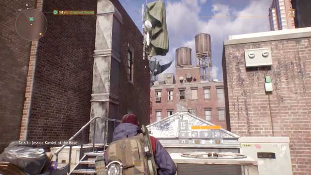 The drone is hanging down from an antenna by the roof - Clinton (M5) | Intel data - Intel data - Tom Clancys The Division Game Guide
