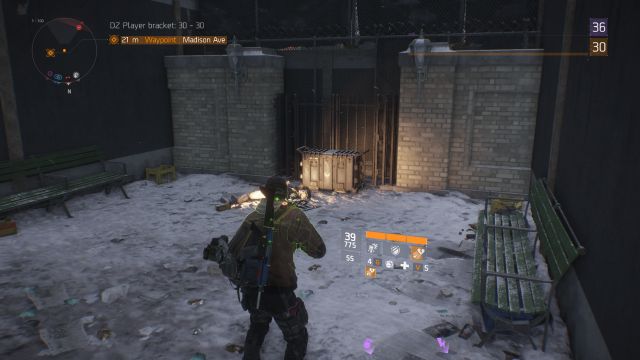 The first Dark Zone chest can be found at the end of a narrow passage between buildings. - Dark Zone - 01 | Dark Zone - chests, containers and enemies - Dark Zone - chests, containers and enemies - Tom Clancys The Division Game Guide