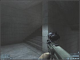 Once you're on a highest level, zoom in the view and start shooting at the visible enemy soldiers (#1) - [Mission 07][Part: 3/3] Catacombs - Walkthrough - Rainbow Six: Lockdown - Game Guide and Walkthrough