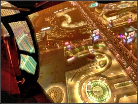 Once you've reached your final destination, you will have to press the default action key to slide down on the rope (#1) - Mission 2.1: Calypso Casino - The Strip - Walkthrough - Tom Clancys Rainbow Six: Vegas - Game Guide and Walkthrough