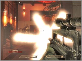 Immediately turn right and start shooting at the visible enemy soldiers - Mission 3.2: Downtown Vegas - Fremont - Walkthrough - Tom Clancys Rainbow Six: Vegas - Game Guide and Walkthrough