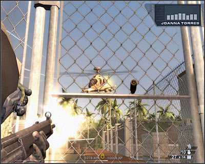 Now you will have to start running to your right, because the gunship will use missiles to attack brick walls - Scene 3 - Showdown - part 1 - Act 7 - Estate - Tom Clancys Rainbow Six: Vegas 2 - Game Guide and Walkthrough