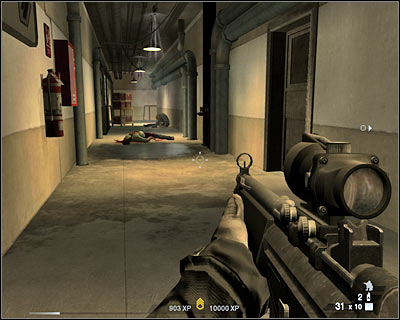 You should notice that one of the guards is patrolling a nearby balcony (screen) - Scene 3 - Refinery - part 2 - Act 6 - Nevada Desert - Tom Clancys Rainbow Six: Vegas 2 - Game Guide and Walkthrough