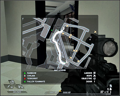 Start off by killing a terrorist who is patrolling the area beneath you - Scene 3 - Center Stage - part 2 - Act 5 - Theater - Tom Clancys Rainbow Six: Vegas 2 - Game Guide and Walkthrough