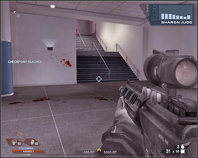 Once you've reached the upper level, ignore the civilians and turn left - Scene 3 - North Hall - part 2 - Act 4 - Convention Center - Tom Clancys Rainbow Six: Vegas 2 - Game Guide and Walkthrough