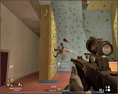 The largest group should be hiding somewhere above the second door (screen) - Scene 1 - Gymnasium - part 4 - Act 3 - Recreation Center - Tom Clancys Rainbow Six: Vegas 2 - Game Guide and Walkthrough