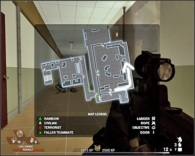 You'll end up standing behind some large objects - Scene 1 - Gymnasium - part 4 - Act 3 - Recreation Center - Tom Clancys Rainbow Six: Vegas 2 - Game Guide and Walkthrough