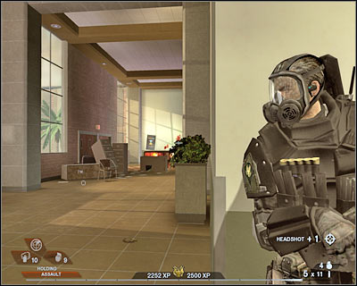 The largest group should be hiding somewhere to your right - Scene 1 - Gymnasium - part 3 - Act 3 - Recreation Center - Tom Clancys Rainbow Six: Vegas 2 - Game Guide and Walkthrough