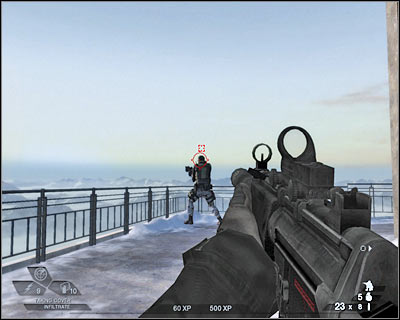 Take cover behind the right wall and move to your left - Scene 1 - Negotiations - part 3 - Act 1 - Pyrénées - Tom Clancys Rainbow Six: Vegas 2 - Game Guide and Walkthrough