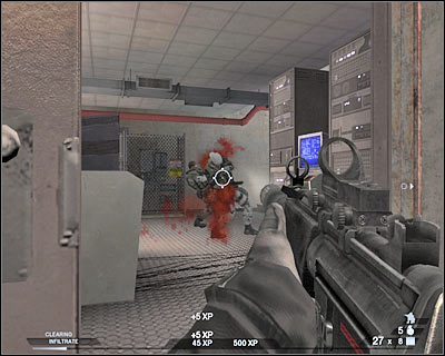 Gather the rest of the team around your position and proceed towards the stairs - Scene 1 - Negotiations - part 3 - Act 1 - Pyrénées - Tom Clancys Rainbow Six: Vegas 2 - Game Guide and Walkthrough