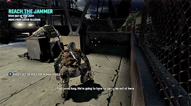 Take the first stop after you have covered a dozen or so meters and wait for the not moving enemy to have another conversation - Reach the jammer - Prologue - Blacklist Zero - Tom Clancys Splinter Cell: Blacklist - Game Guide and Walkthrough