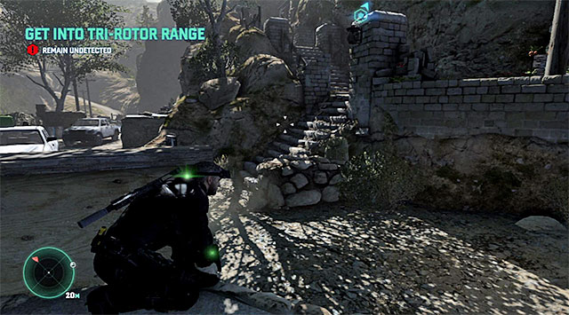 Walk over to the exit from the hut, to the right, and stop at the low wall shown in the above screenshot - Make your way to the area where you take over the drone - Mission 2 - Insurgent Stronghold - Tom Clancys Splinter Cell: Blacklist - Game Guide and Walkthrough