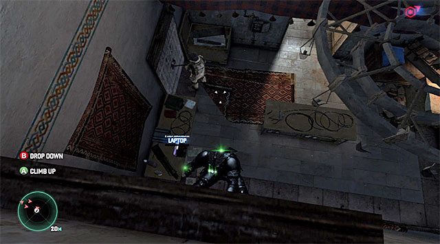 The easiest way, would be to land on the guard in the room below but, it isn't necessary - Reach the buyer's staying place - Mission 2 - Insurgent Stronghold - Tom Clancys Splinter Cell: Blacklist - Game Guide and Walkthrough