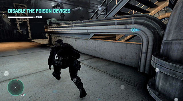 Stop after you reach the corner shown in the above screenshot - Disable the poison devices - Mission 3 - American Consumption - Tom Clancys Splinter Cell: Blacklist - Game Guide and Walkthrough