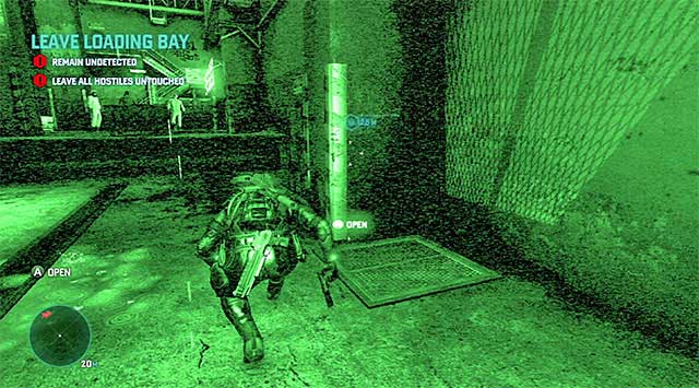 The best way to leave this location is through the manhole shown in the screenshot, which is located close to the truck that you have just walked around (on the driver's side) - Leave loading bay - Mission 5 - Abandoned Mill - Tom Clancys Splinter Cell: Blacklist - Game Guide and Walkthrough