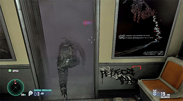 A smoke grenade can help Fisher avoid detection right after the door opens - Catch up with the ringleader of the engineer cell - Mission 7 - Transit Yards - Tom Clancys Splinter Cell: Blacklist - Game Guide and Walkthrough