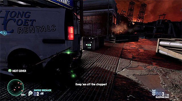 Grab onto the ledge and shimmy to the right, while ignoring the enemies below - Enter LNG Facility - Mission 11 - LNG Terminal - Tom Clancys Splinter Cell: Blacklist - Game Guide and Walkthrough