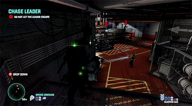 After a prolonged chase, you will reach a new location with three enemies in it - Chase the Engineer Leader - Mission 11 - LNG Terminal - Tom Clancys Splinter Cell: Blacklist - Game Guide and Walkthrough