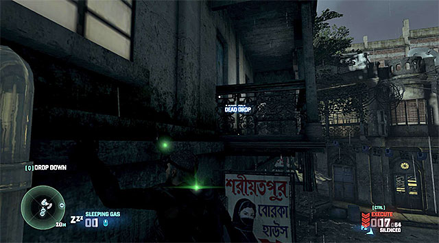 Start the exploration of the side streets by grabbing onto the wall to the left and making it onto the balcony shown in the screenshot, where there is a Dead Drop - Mission 3 - VORON Station - Additional missions assigned by Briggs - Tom Clancys Splinter Cell: Blacklist - Game Guide and Walkthrough