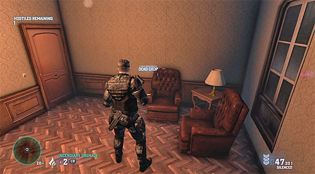 The Dead Drop is lying on a small room on the armchair's backrest - Charlie's missions - Dead Drops - Tom Clancys Splinter Cell: Blacklist - Game Guide and Walkthrough