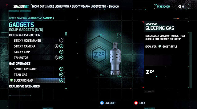 While selecting gadgets remember that your inventory has a limited capacity - Gadgets - Gear and plane upgrades - Tom Clancys Splinter Cell: Blacklist - Game Guide and Walkthrough