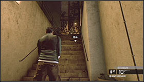 Wait for a right moment to make a move and quickly proceed towards the stairs #1 - Walkthrough - Kobins Mansion - Walkthrough - Tom Clancys Splinter Cell: Conviction - Game Guide and Walkthrough