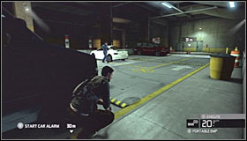 Take cover behind the blue van and spend some time observing the nearest opponent #1 - Walkthrough - Third Echelon HQ - part 1 - Walkthrough - Tom Clancys Splinter Cell: Conviction - Game Guide and Walkthrough