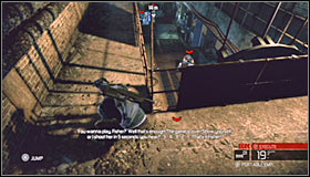 Walkthrough (continued): Proceed to one of the corners of the room #1 and notice that you'll be allowed to eliminate three or four guards from here #2 using Mark and Execute action - Walkthrough - Michigan Ave. Reservoir - part 1 - Walkthrough - Tom Clancys Splinter Cell: Conviction - Game Guide and Walkthrough