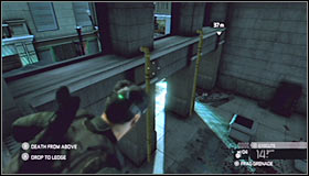 Start moving left again and then climb up to find yourself standing on a small platform #1 - Walkthrough - Downtown District - Walkthrough - Tom Clancys Splinter Cell: Conviction - Game Guide and Walkthrough