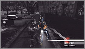 This area is being patrolled by a single enemy soldier and you can surprise him near the humvee #1 or you can wait for him to show up and deal with him near the small path #2 - Walkthrough - Downtown District - Walkthrough - Tom Clancys Splinter Cell: Conviction - Game Guide and Walkthrough
