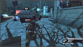 Start heading towards the main gate from the right flank #1 and try to use darker areas, so you won't be spotted by anyone along the way - Walkthrough - Downtown District - Walkthrough - Tom Clancys Splinter Cell: Conviction - Game Guide and Walkthrough