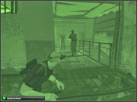 If you want to avoid enemy troops, you will have to flip the light switch, turn right and jump over the balustrade (#1) - Mission 10.2 [NYC - JBA HQ - Part 4] - Walkthrough - Tom Clancys Splinter Cell: Double Agent - Game Guide and Walkthrough
