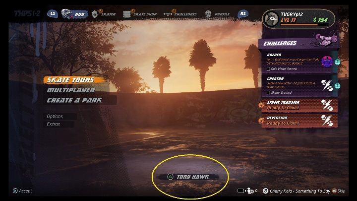 To create your own character in Tony Hawks Pro Skater 1+2, press the button displayed next to the current players name - Tony Hawks Pro Skater 1+2: Character creation - Basics - Tony Hawks Pro Skater 1+2 Guide