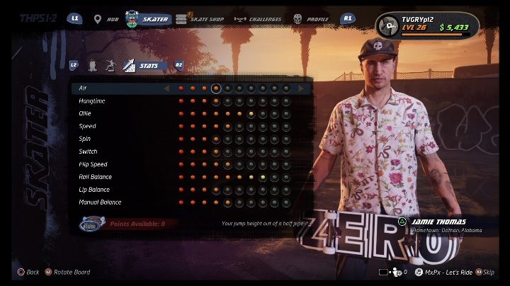 Basic skills can be developed with the points - Tony Hawks Pro Skater 1+2: Jamie Thomas guide, skills - Original skaters - Tony Hawks Pro Skater 1+2 Guide