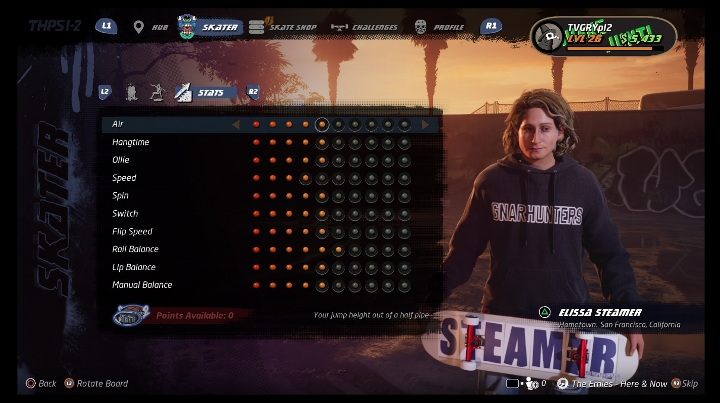 Basic skills can be developed with the points - Tony Hawks Pro Skater 1+2: Elissa Steamer guide, skills - Original skaters - Tony Hawks Pro Skater 1+2 Guide