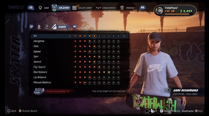 Basic skills can be developed with the points - Tony Hawks Pro Skater 1+2: Aori Nishimura guide, skills - New skaters - Tony Hawks Pro Skater 1+2 Guide