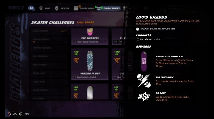 Each character available in the game has its own challenges - Tony Hawks Pro Skater 1+2: Lizzie Armanto guide, skills - New skaters - Tony Hawks Pro Skater 1+2 Guide
